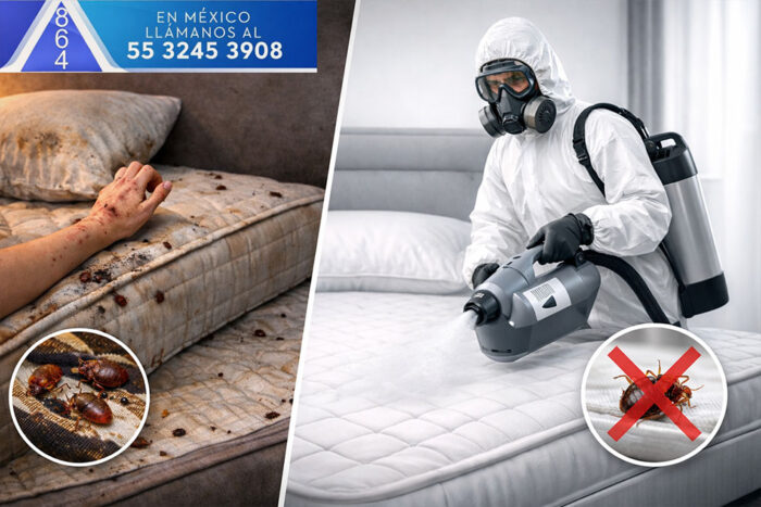 Fumigacion de chinches profesional en CDMX con equipo ULV antes y despues del tratamiento