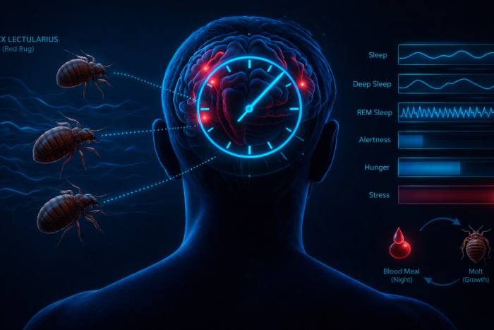 Ilustración científica de ritmos circadianos desajustados por interrupciones causadas por chinches de cama