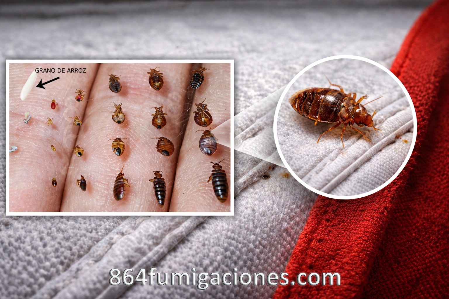 Fumigación de chinches: cómo son las chinches de cama en todas sus etapas y tamaño real comparado con grano de arroz